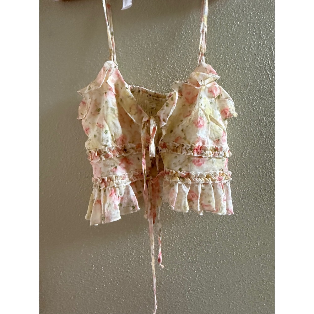 Thirty Thirty LA Floral Ruffle Crop Top Pink Yellow Rose Cottagecore Large NWT